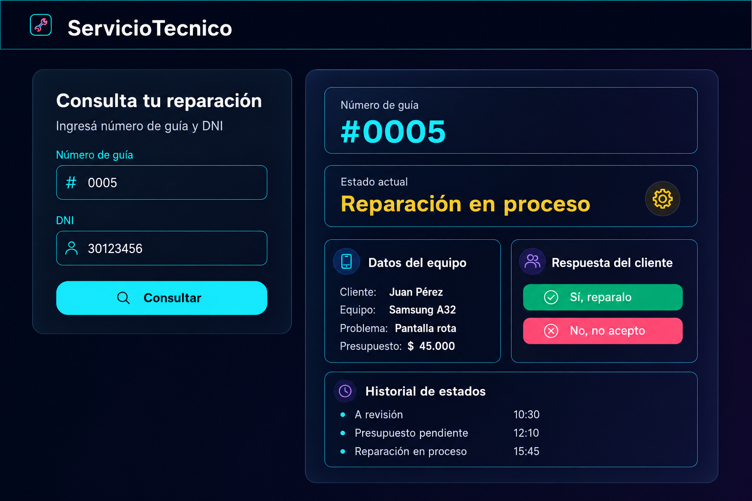 Captura real de consulta del cliente